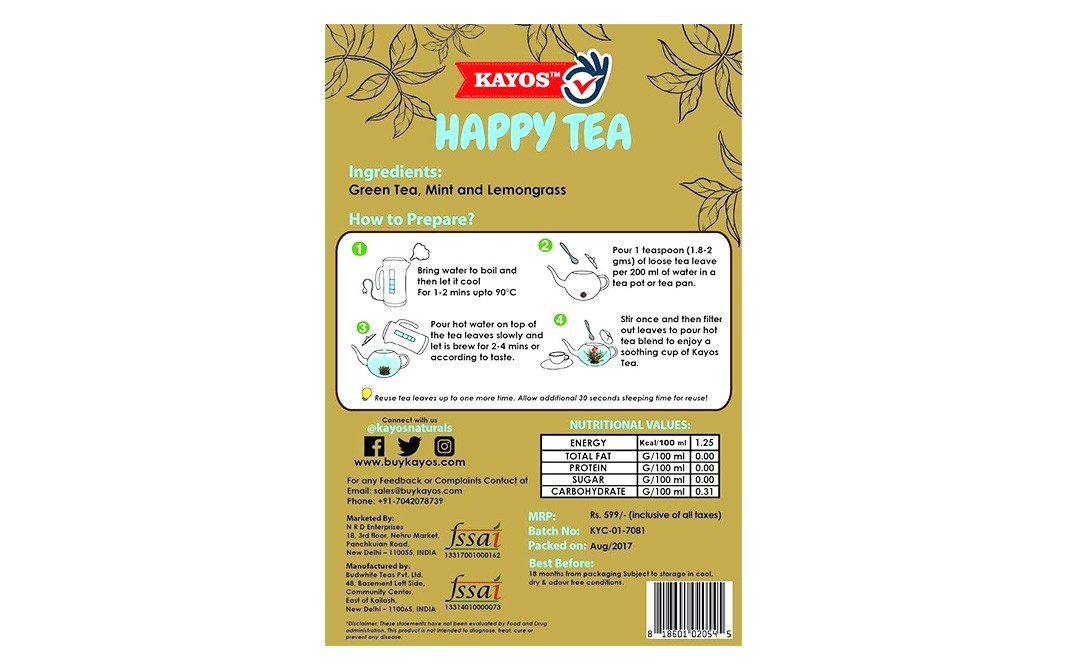 Kayos Happy Tea with Mint and Lemongrass   Pack  100 grams